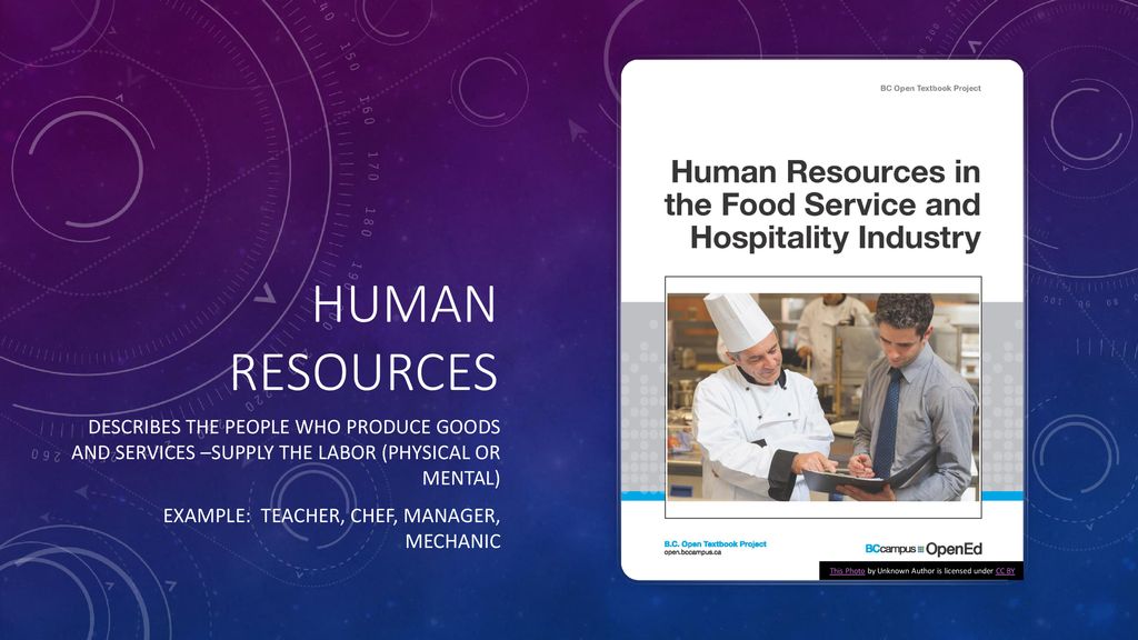 HUMAN RESOURCES DESCRIBES THE PEOPLE WHO PRODUCE GOODS AND SERVICES –SUPPLY THE LABOR (PHYSICAL OR MENTAL) Example: Teacher, chef, manager, mechanic