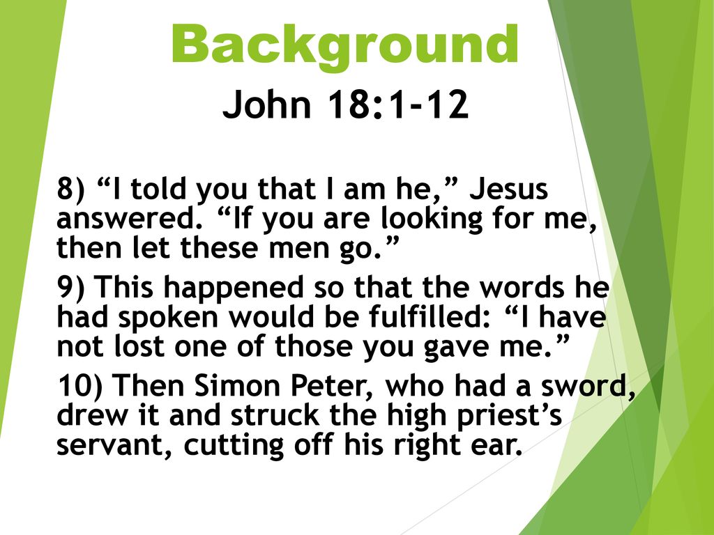 Background John 18: ) I told you that I am he, Jesus answered. If you are looking for me, then let these men go.
