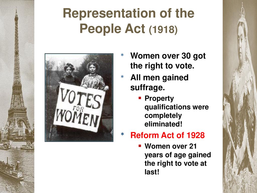 Right to vote. Representation of the people Act 1918. Representation of the people (equal rights) Act 1928. The parliamentary Qualification of women Act 1918.