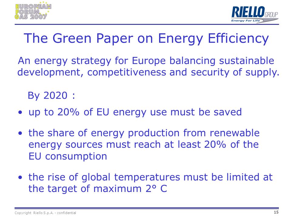 The Green Paper on Energy Efficiency An energy strategy for Europe balancing sustainable development, competitiveness and security of supply. By 2020 :