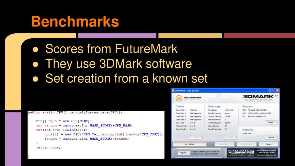 Benchmarks Scores from FutureMark They use 3DMark software