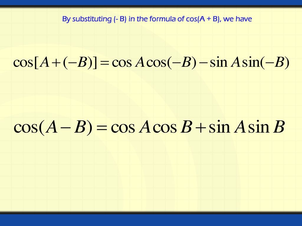 By substituting (- B) in the formula of cos(A + B), we have