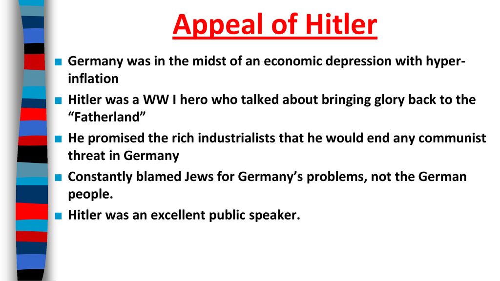 Appeal of Hitler Germany was in the midst of an economic depression with hyper-inflation.
