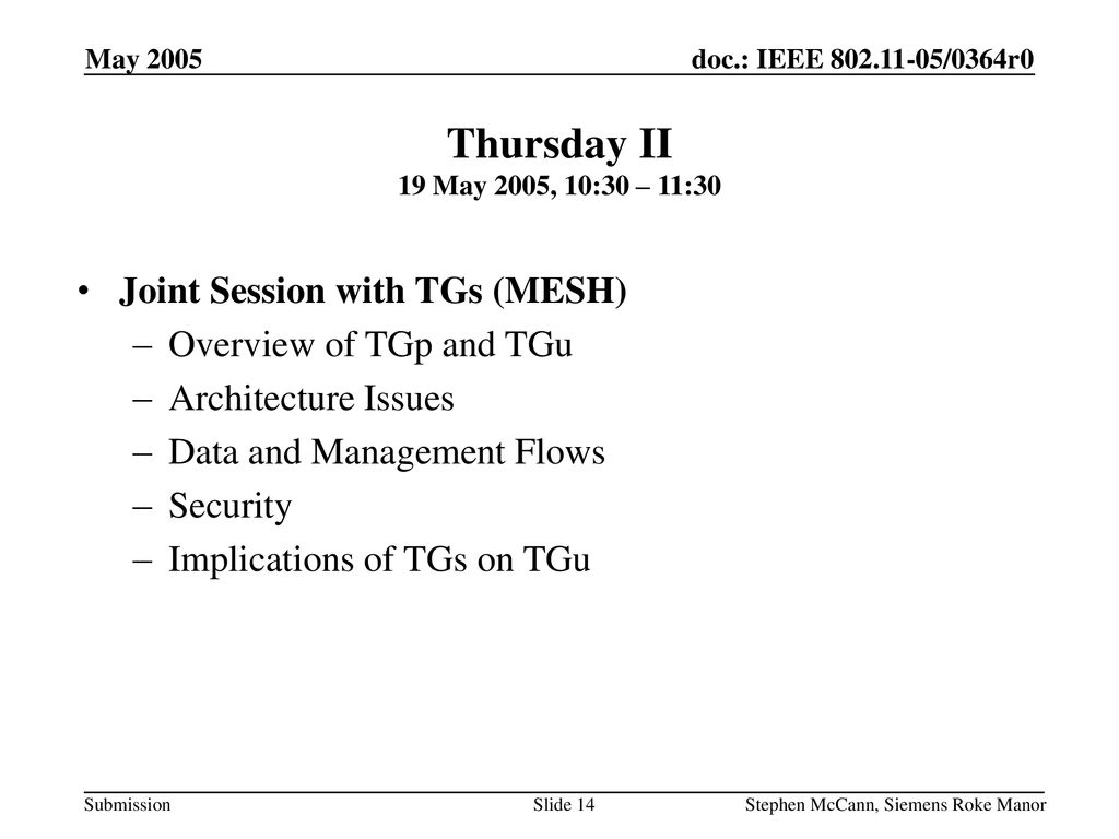 Thursday II 19 May 2005, 10:30 – 11:30 Joint Session with TGs (MESH)
