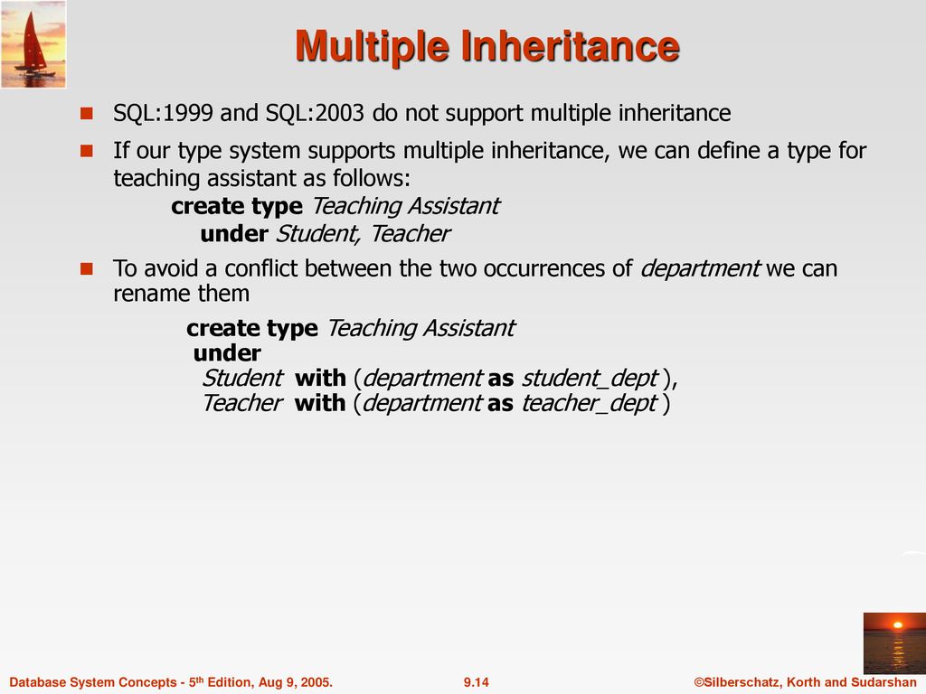 Multiple Inheritance SQL:1999 and SQL:2003 do not support multiple inheritance.