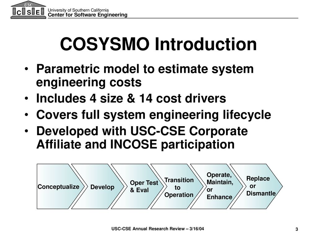 COSYSMO Introduction Parametric model to estimate system engineering costs. Includes 4 size & 14 cost drivers.