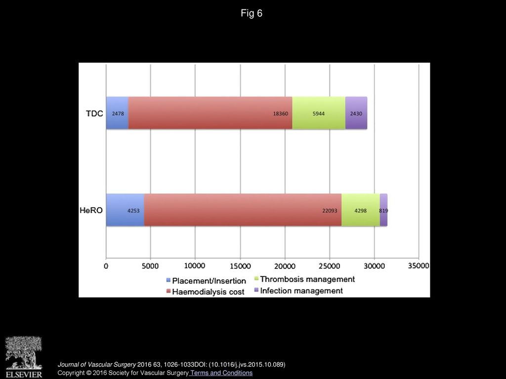 Fig 6 Base case 1-year total cost per patient (£) for tunneled dialysis catheter (TDC) and Hemodialysis Reliable Outflow (HeRO) Graft.