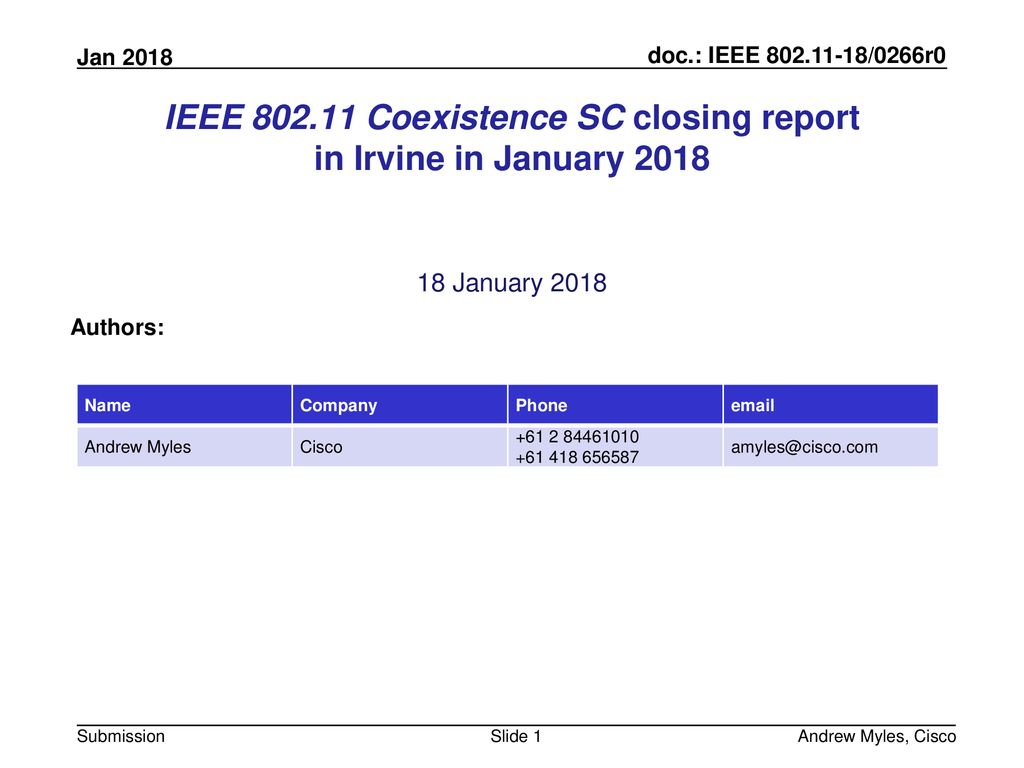 IEEE Coexistence SC closing report in Irvine in January 2018
