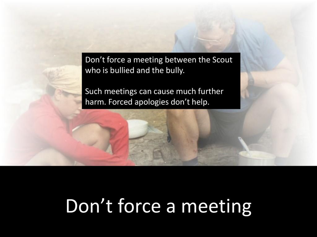 Don’t force a meeting between the Scout who is bullied and the bully.