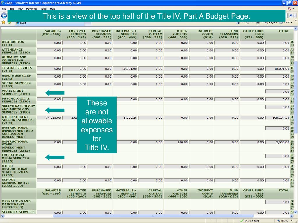This is a view of the top half of the Title IV, Part A Budget Page.