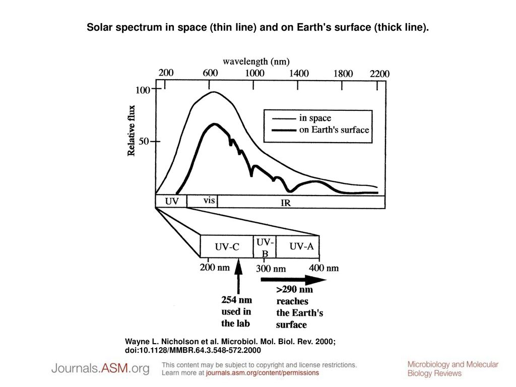 Solar spectrum in space (thin line) and on Earth s surface (thick line).