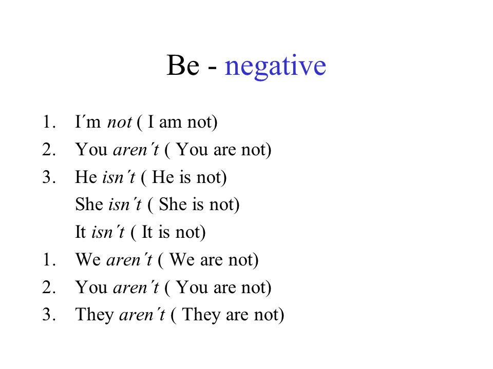 Be - negative I´m not ( I am not) You aren´t ( You are not)