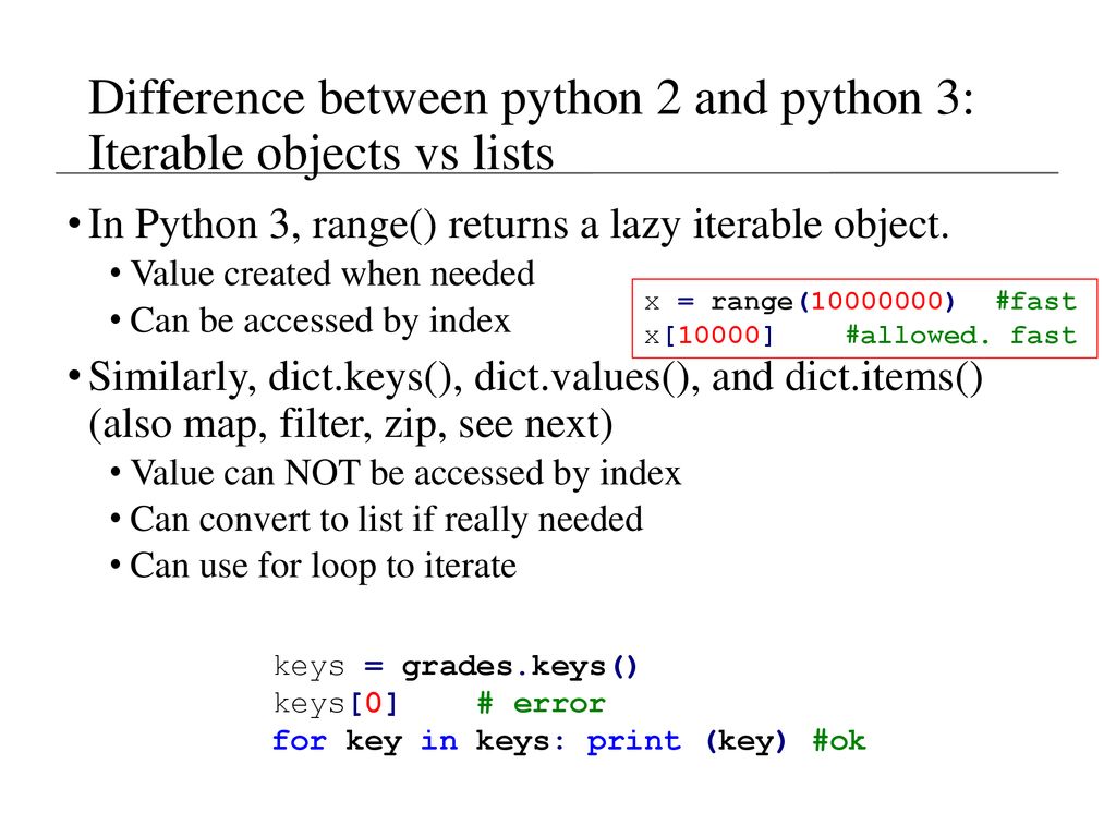 Difference between python 2 and python 3: Iterable objects vs lists