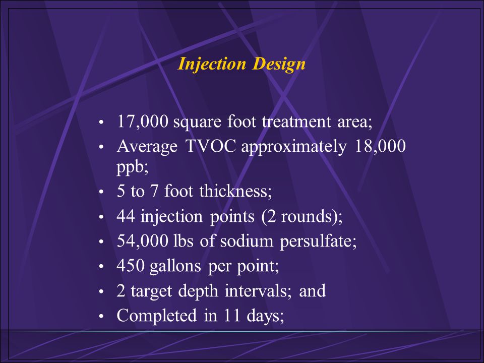 Injection Design 17,000 square foot treatment area; Average TVOC approximately 18,000 ppb; 5 to 7 foot thickness;