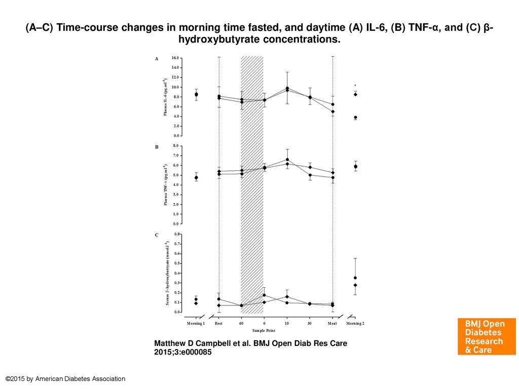 (A–C) Time-course changes in morning time fasted, and daytime (A) IL-6, (B) TNF-α, and (C) β-hydroxybutyrate concentrations.