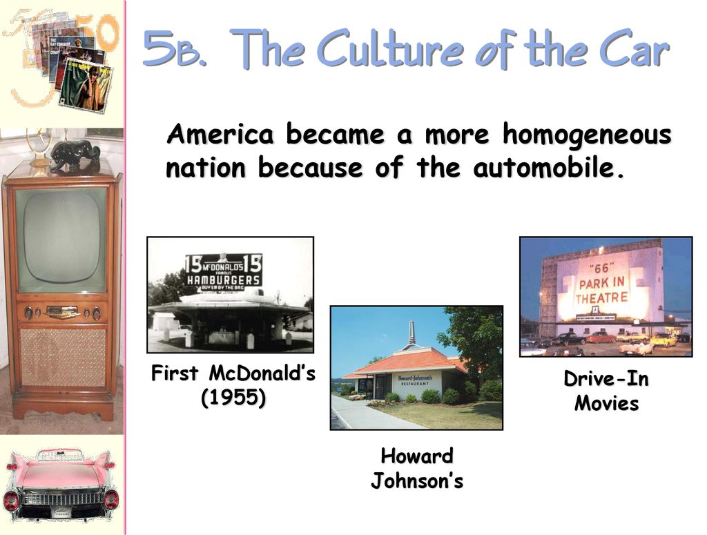 5B. The Culture of the Car America became a more homogeneous nation because of the automobile. First McDonald’s (1955)
