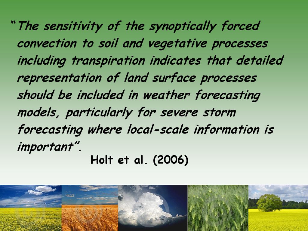The sensitivity of the synoptically forced convection to soil and vegetative processes including transpiration indicates that detailed representation of land surface processes should be included in weather forecasting models, particularly for severe storm forecasting where local-scale information is important .