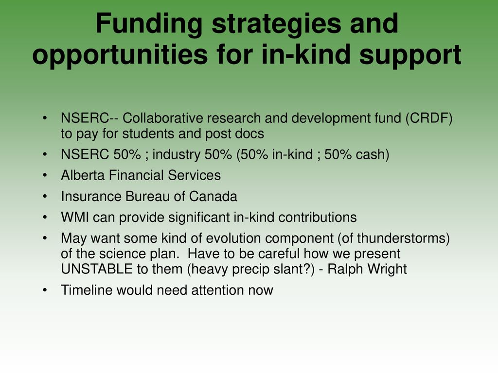 Funding strategies and opportunities for in-kind support