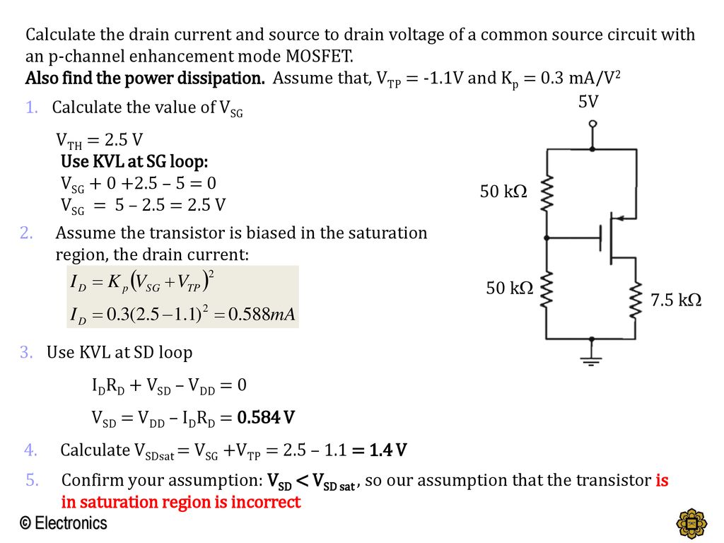 Calculate the drain current and source to drain voltage of a common source circuit with an p-channel enhancement mode MOSFET.