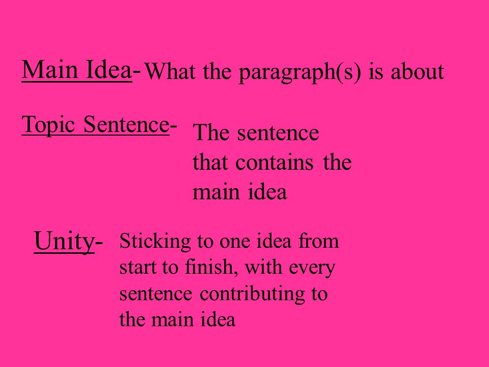 Main Idea- Unity- What the paragraph(s) is about Topic Sentence-