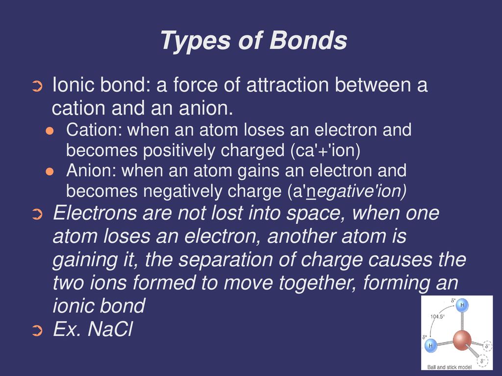 Types of Bonds Ionic bond: a force of attraction between a cation and an anion.