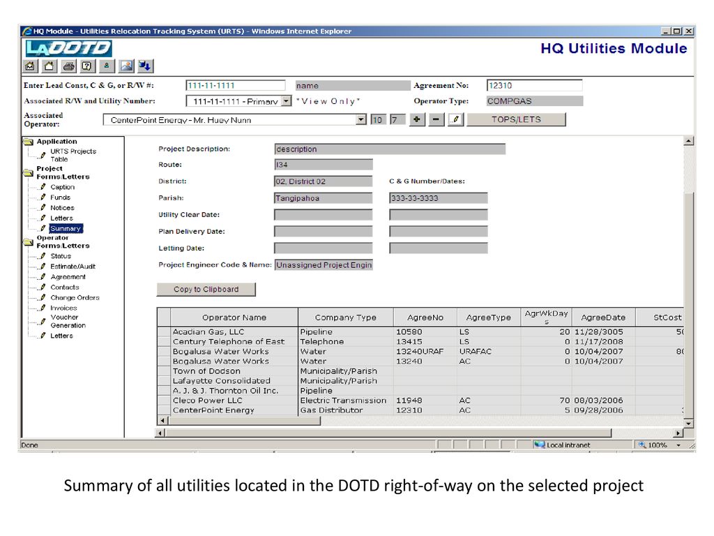 Summary of all utilities located in the DOTD right-of-way on the selected project