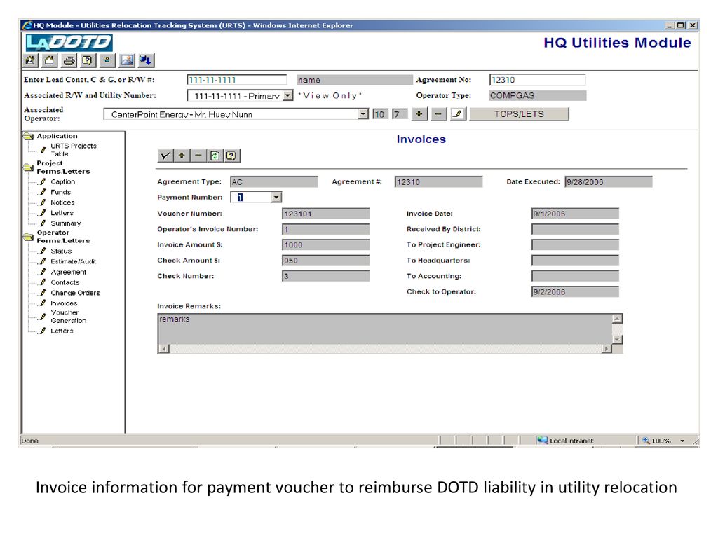 Invoice information for payment voucher to reimburse DOTD liability in utility relocation