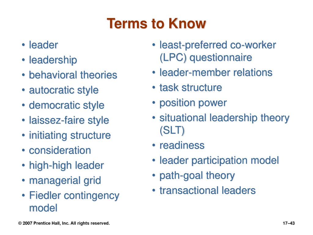 Terms to Know leader leadership behavioral theories autocratic style