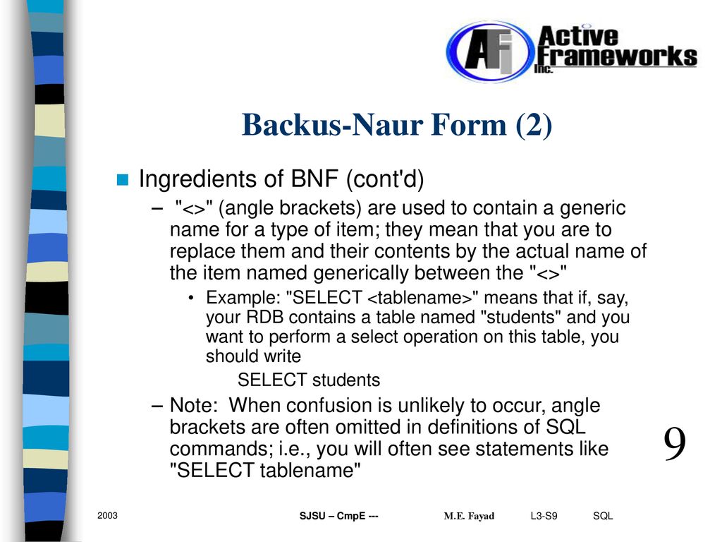 9 Backus-Naur Form (2) Ingredients of BNF (cont d)