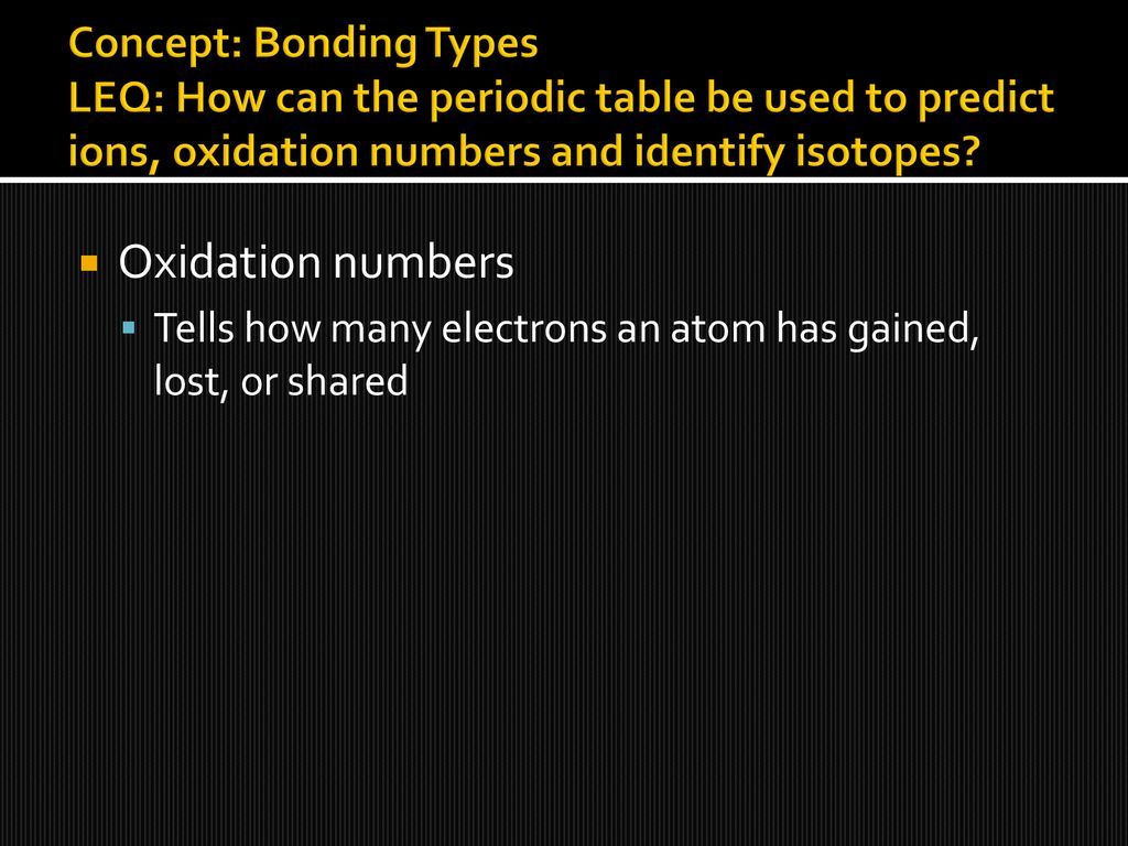 Concept: Bonding Types LEQ: How can the periodic table be used to predict ions, oxidation numbers and identify isotopes