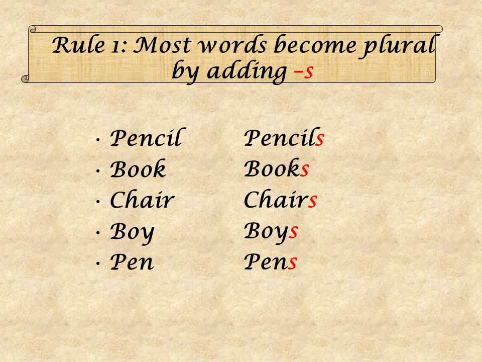 Rule 1: Most words become plural by adding –s