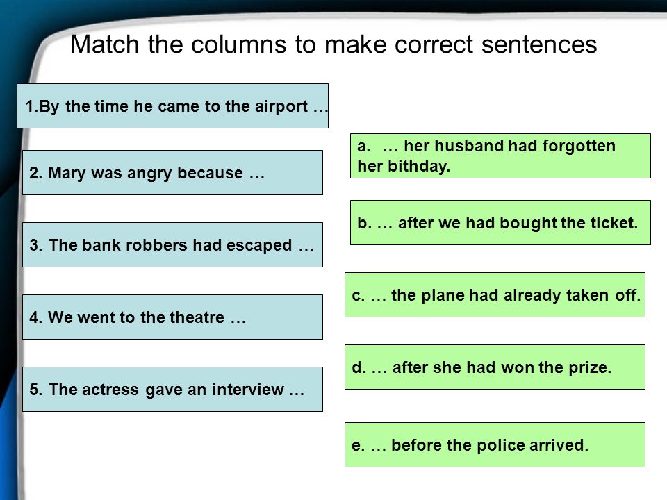 Match the columns to make correct sentences