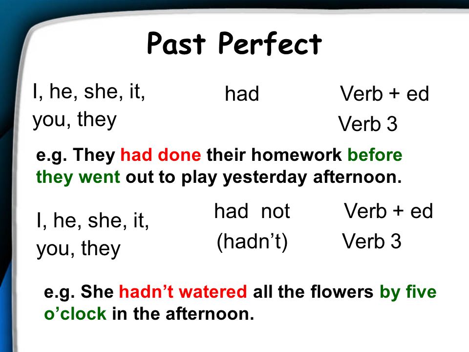 Past Perfect I, he, she, it, you, they had Verb + ed Verb 3 had not