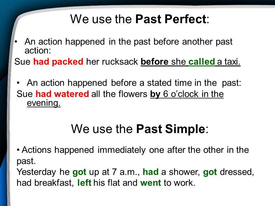 We use the Past Perfect: