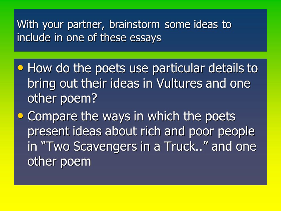 With your partner, brainstorm some ideas to include in one of these essays