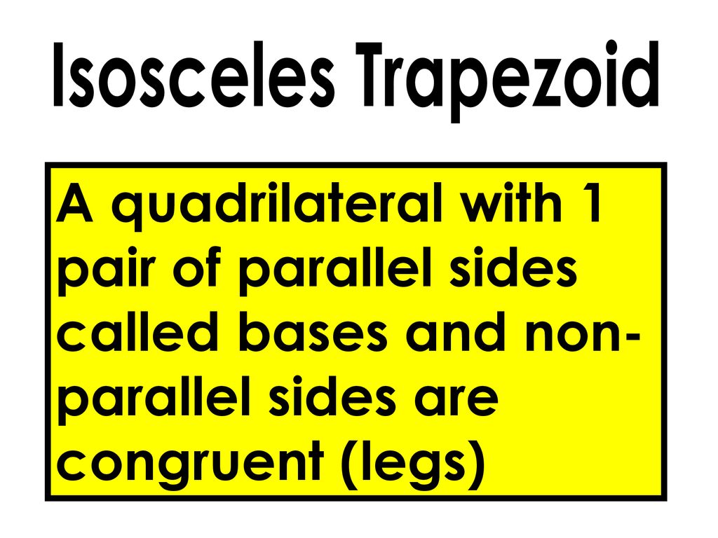 Isosceles Trapezoid A quadrilateral with 1 pair of parallel sides called bases and non-parallel sides are congruent (legs)