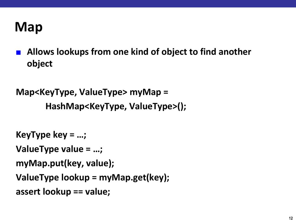 Map Allows lookups from one kind of object to find another object