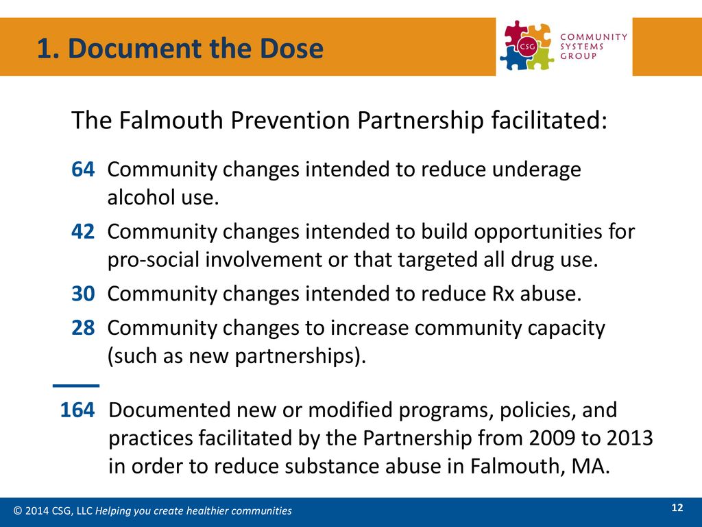 1. Document the Dose The Falmouth Prevention Partnership facilitated: