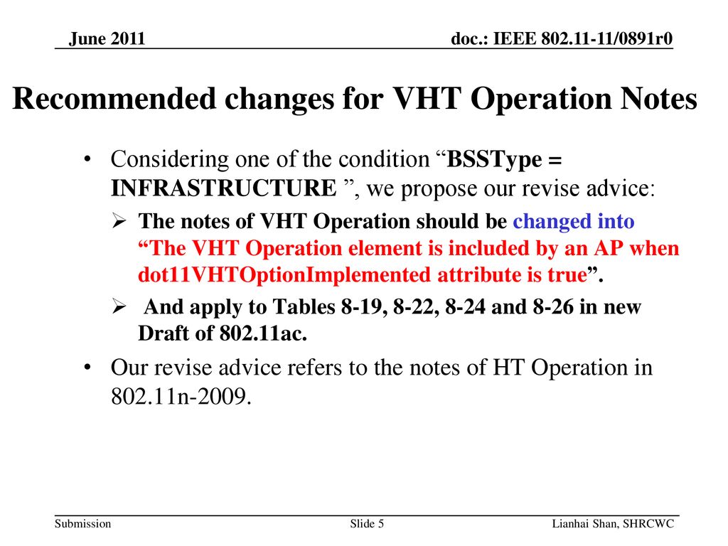 Recommended changes for VHT Operation Notes