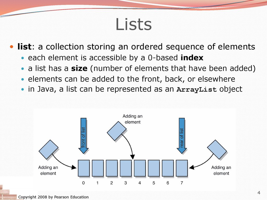 Lists list: a collection storing an ordered sequence of elements