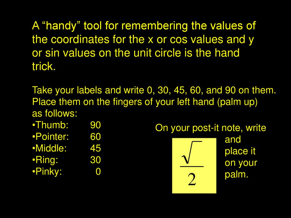 A handy tool for remembering the values of the coordinates for the x or cos values and y or sin values on the unit circle is the hand trick.