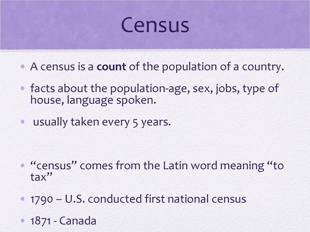 Census A census is a count of the population of a country.