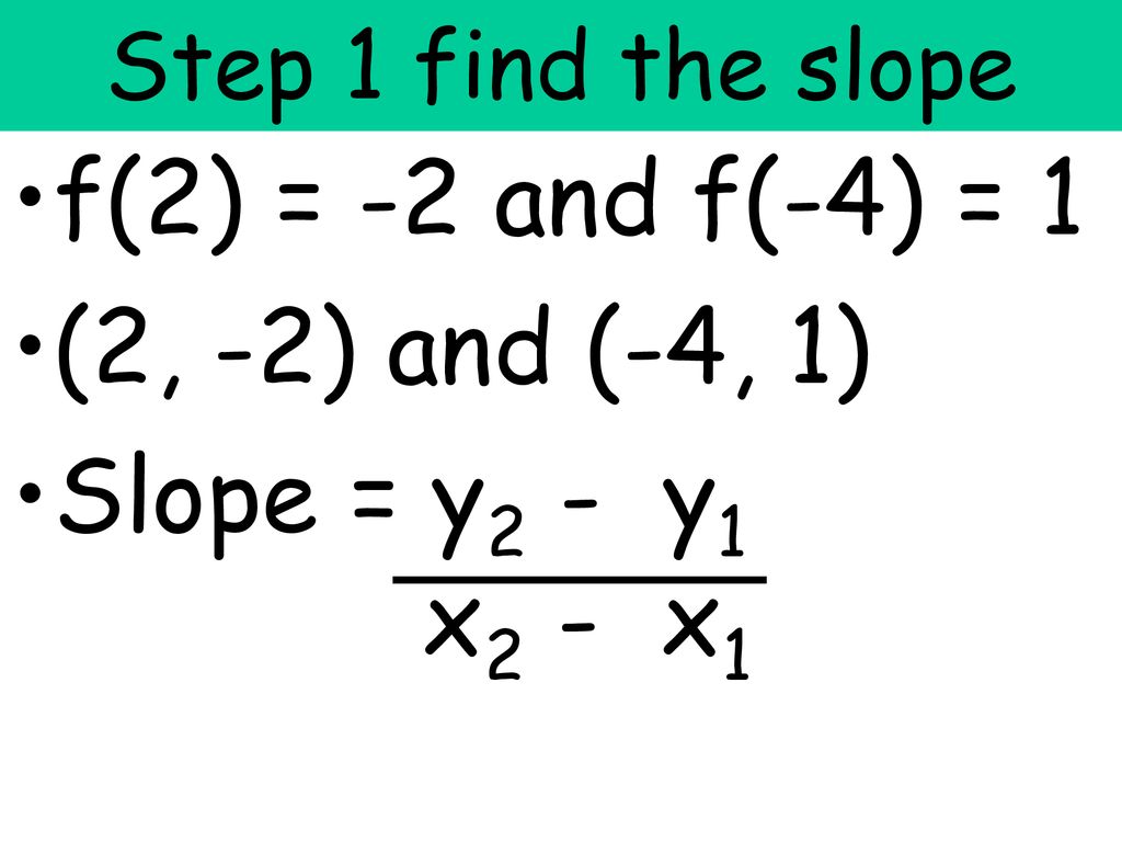 f(2) = -2 and f(-4) = 1 (2, -2) and (-4, 1) Slope = y2 - y1 x2 - x1
