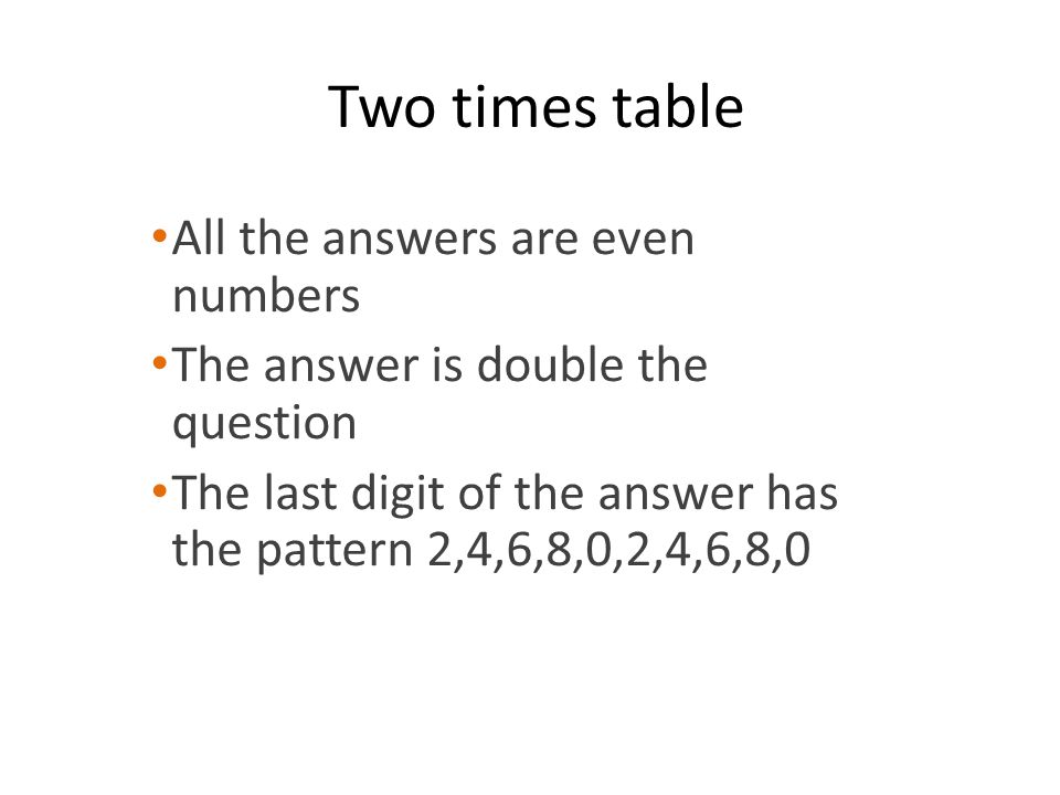 Two times table All the answers are even numbers