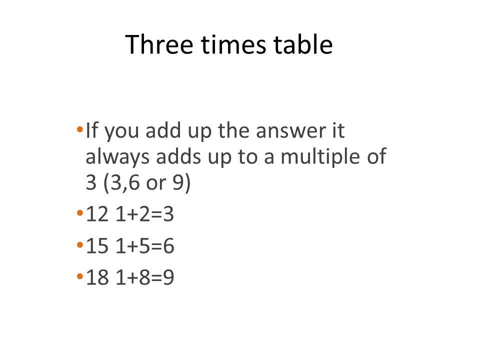 Three times table If you add up the answer it always adds up to a multiple of 3 (3,6 or 9) =3.