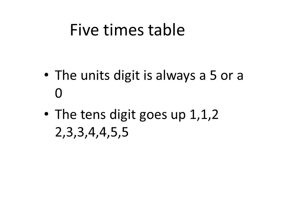 Five times table The units digit is always a 5 or a 0