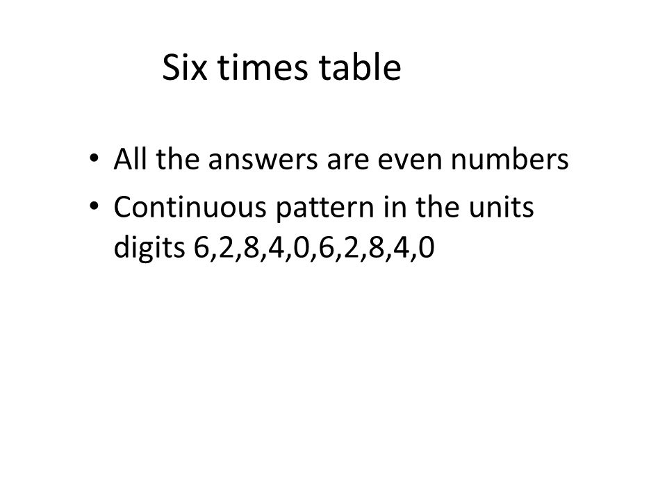 Six times table All the answers are even numbers