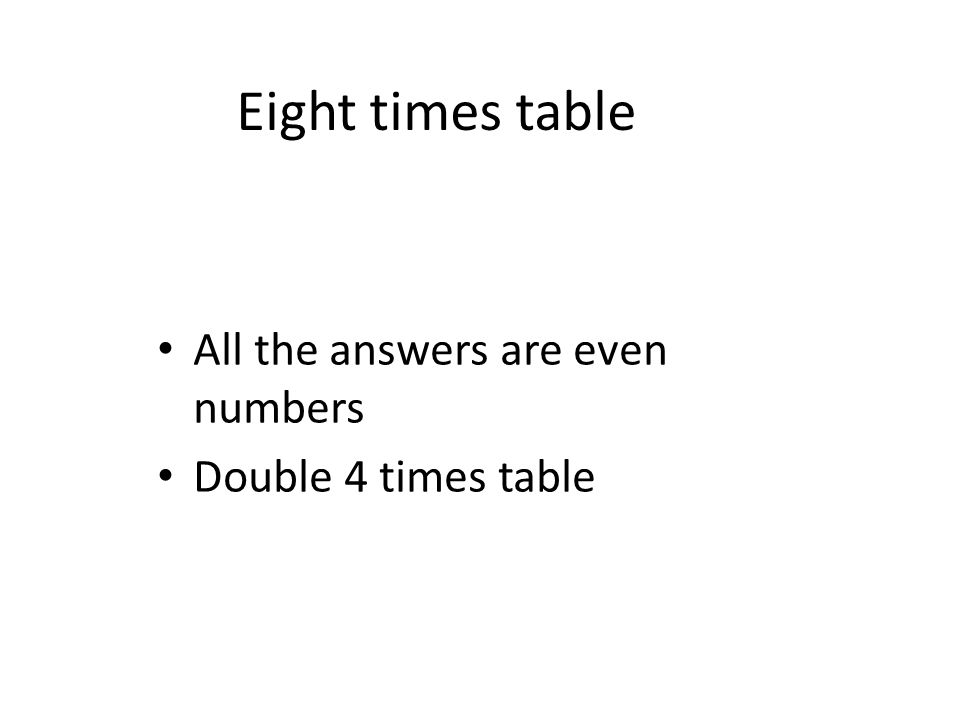 Eight times table All the answers are even numbers