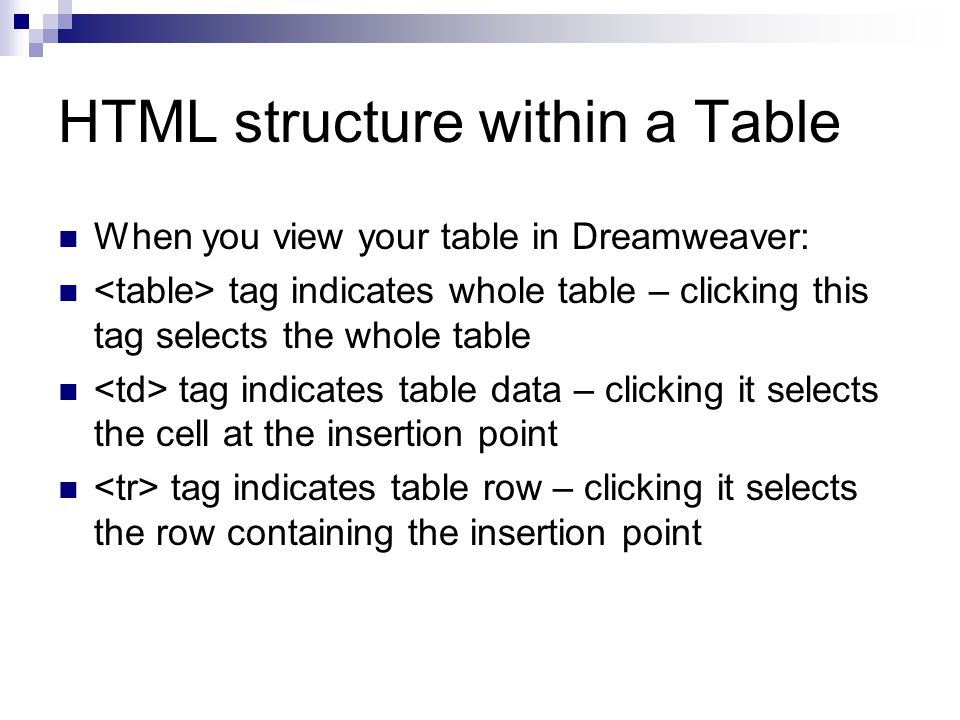 HTML structure within a Table