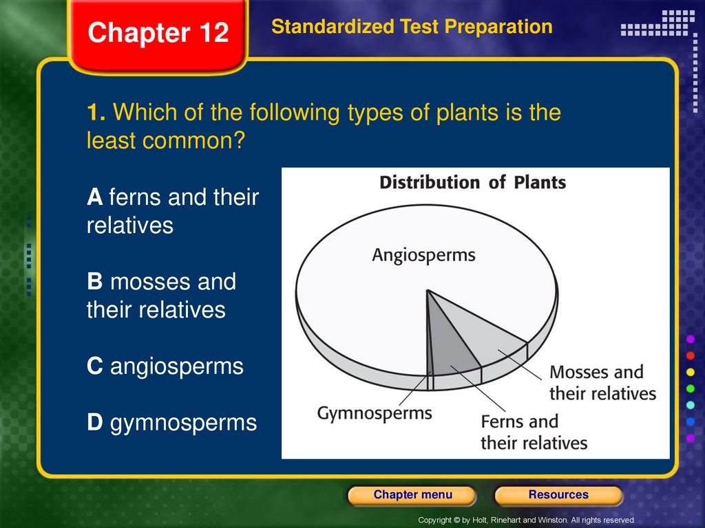 Chapter 12 Standardized Test Preparation. 1. Which of the following types of plants is the least common